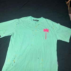 Palm Angels Mint Green Tee with Pink Palm